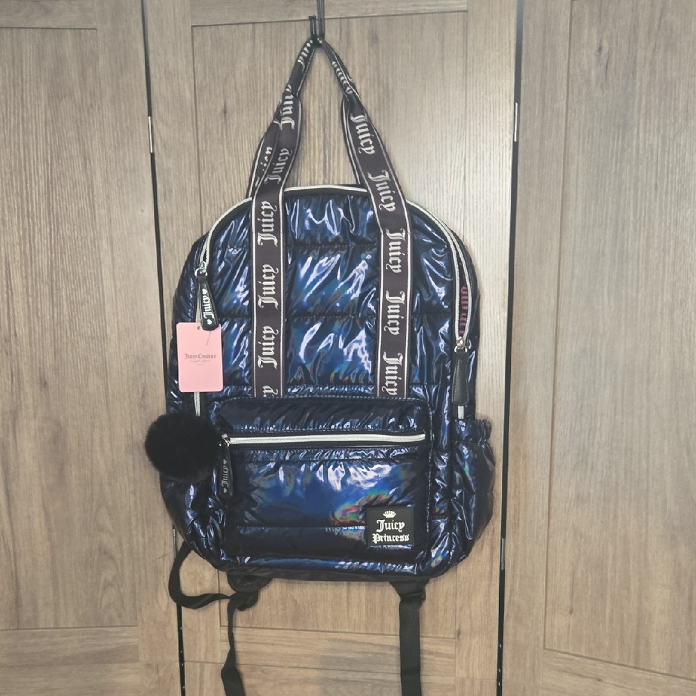 Juicy Couture Iridescent Puffer Backpack | Navy Blue Shiny Bag NWT